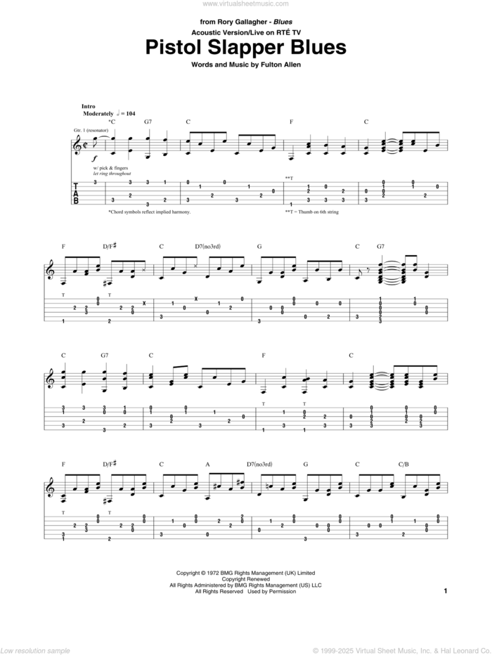 Pistol Slapper Blues sheet music for guitar (tablature) by Rory Gallagher and Fulton Allen, intermediate skill level