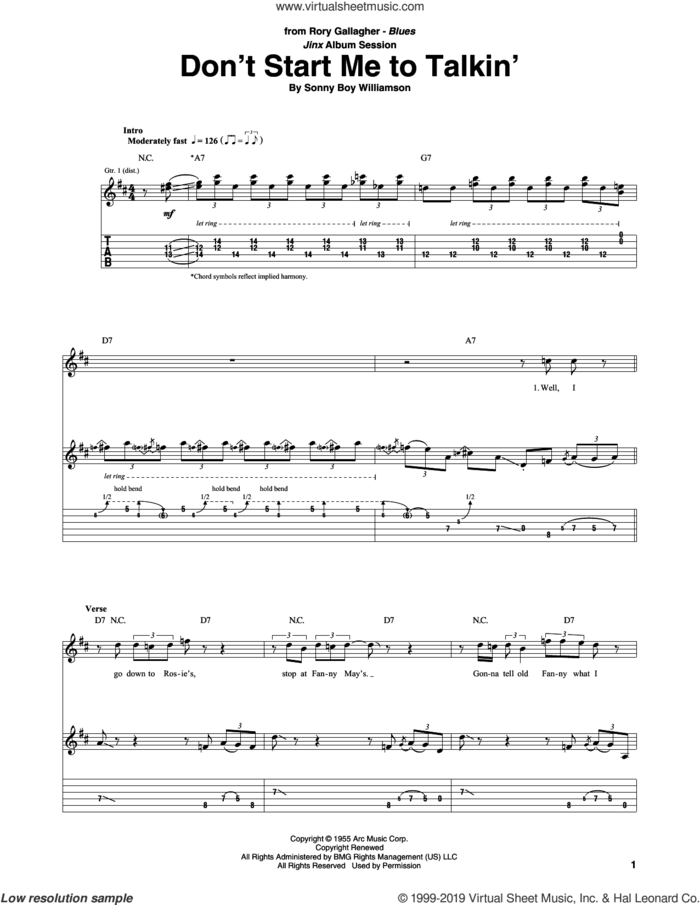 Don't Start Me To Talkin' sheet music for guitar (tablature) by Rory Gallagher and Sonny Boy Williamson, intermediate skill level