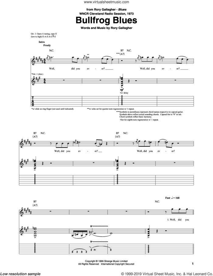Bullfrog Blues sheet music for guitar (tablature) by Rory Gallagher, intermediate skill level