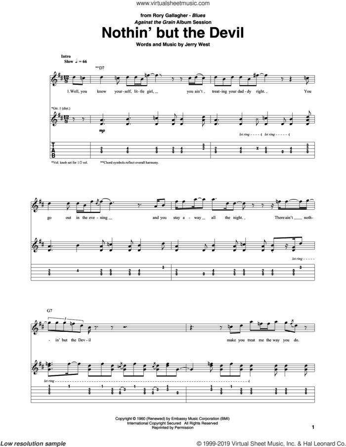 Nothin' But The Devil sheet music for guitar (tablature) by Rory Gallagher and Jerry West, intermediate skill level