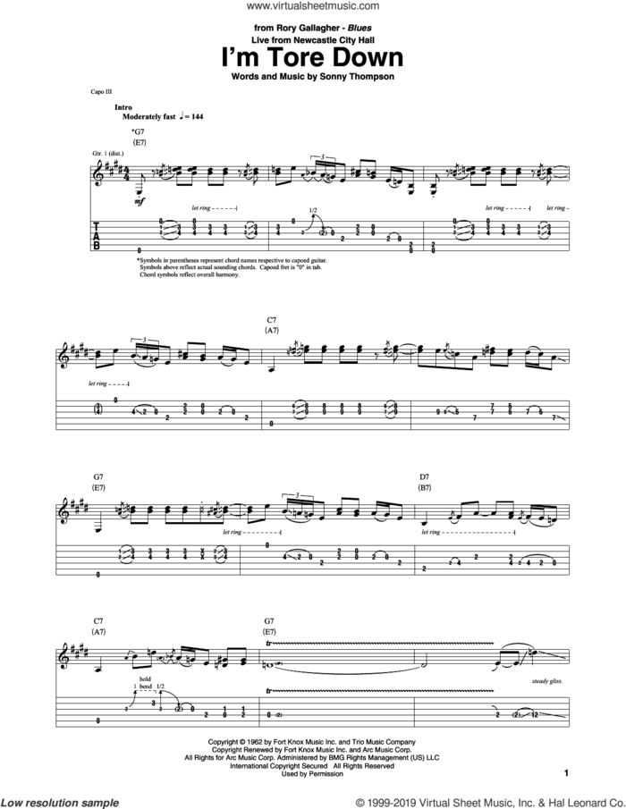 I'm Tore Down sheet music for guitar (tablature) by Rory Gallagher and Sonny Thompson, intermediate skill level