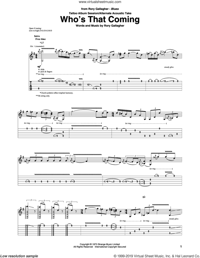 Who's That Coming sheet music for guitar (tablature) by Rory Gallagher, intermediate skill level