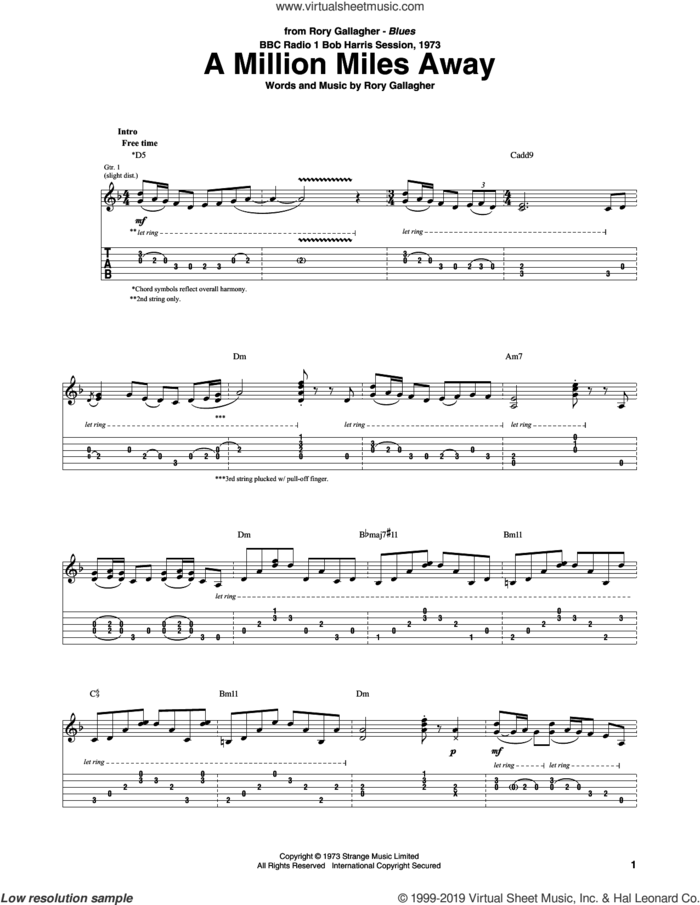 A Million Miles Away sheet music for guitar (tablature) by Rory Gallagher, intermediate skill level