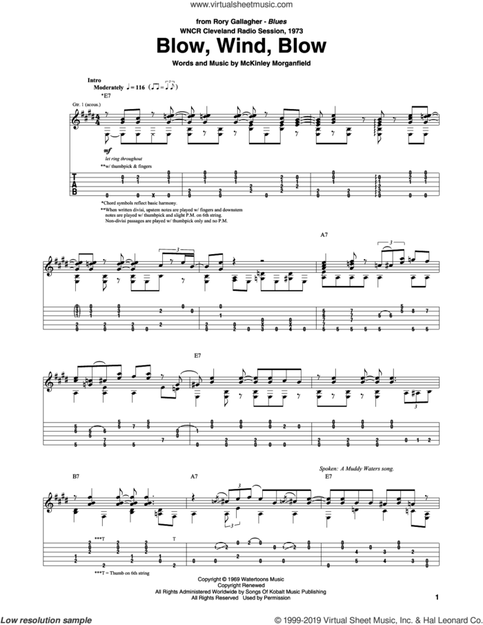 Blow, Wind, Blow sheet music for guitar (tablature) by Rory Gallagher, Eric Clapton and McKinley Morganfield, intermediate skill level