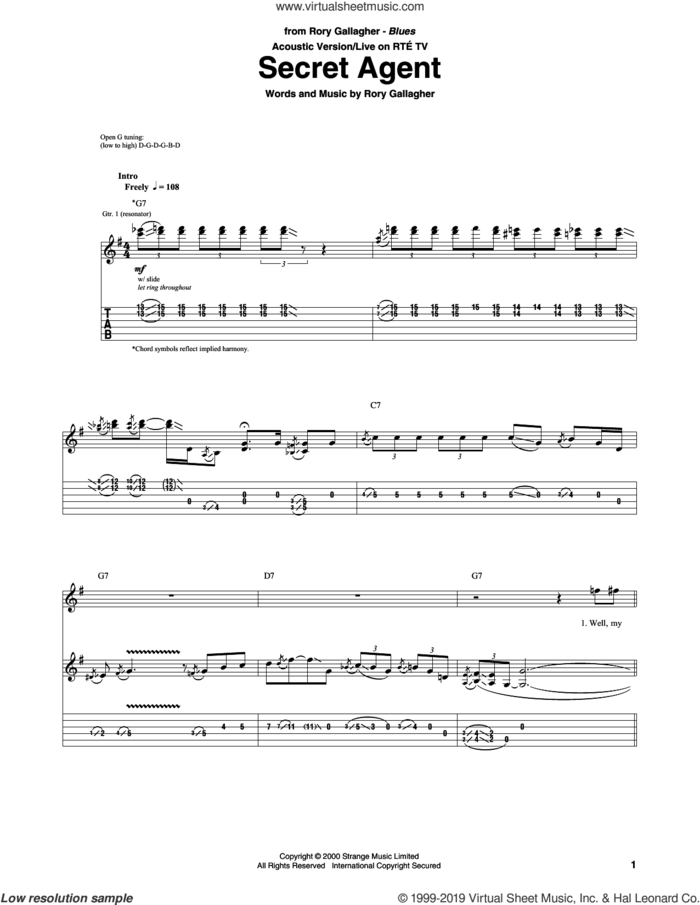 Secret Agent sheet music for guitar (tablature) by Rory Gallagher, intermediate skill level