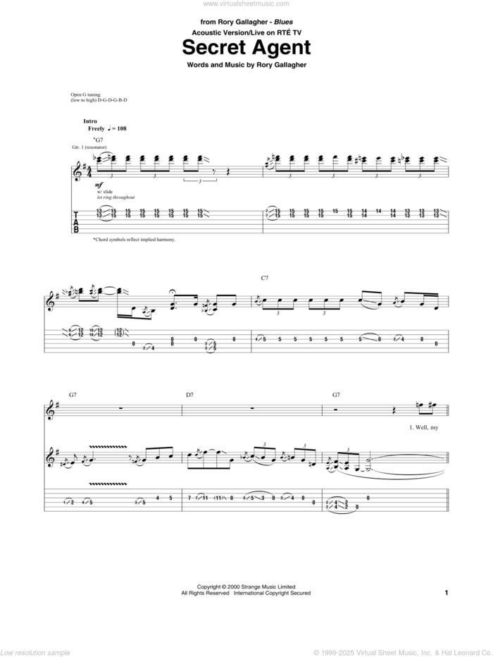 Secret Agent sheet music for guitar (tablature) by Rory Gallagher, intermediate skill level