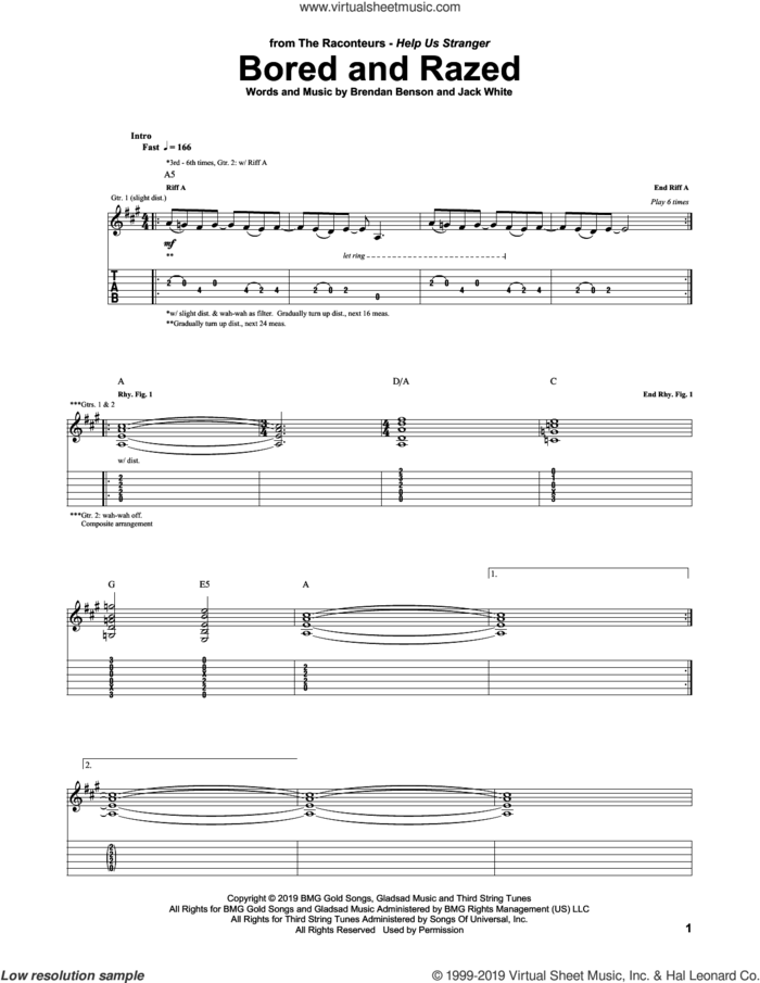 Bored And Razed sheet music for guitar (tablature) by The Raconteurs, Brendan Benson and Jack White, intermediate skill level