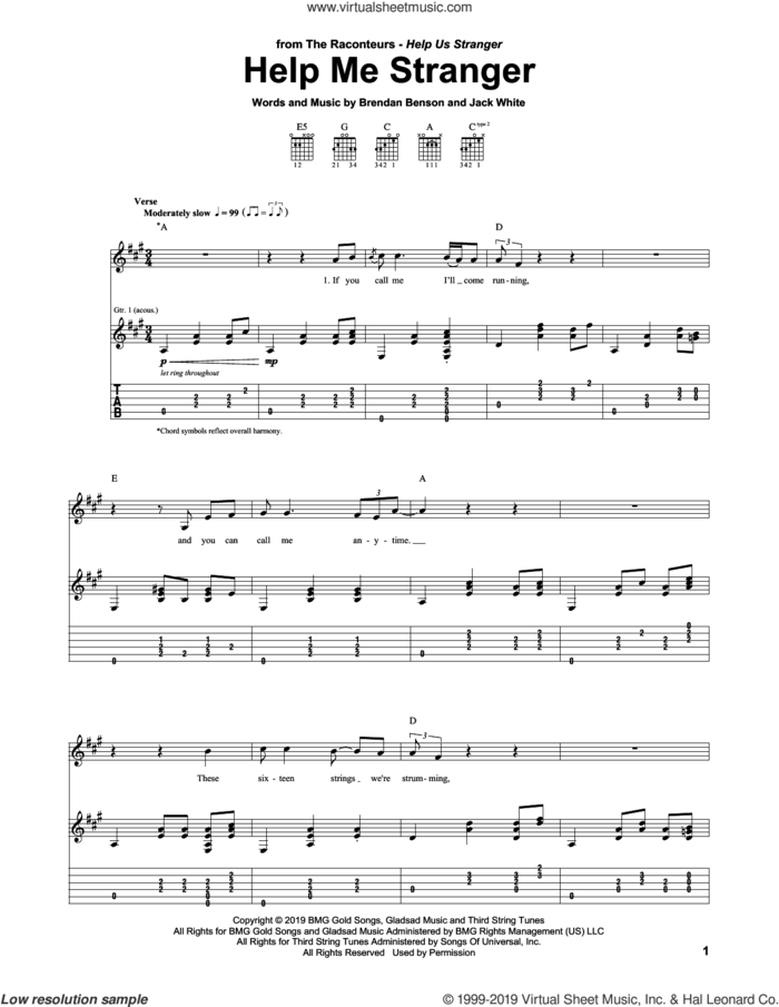 Help Me Stranger sheet music for guitar (tablature) by The Raconteurs, Brendan Benson and Jack White, intermediate skill level