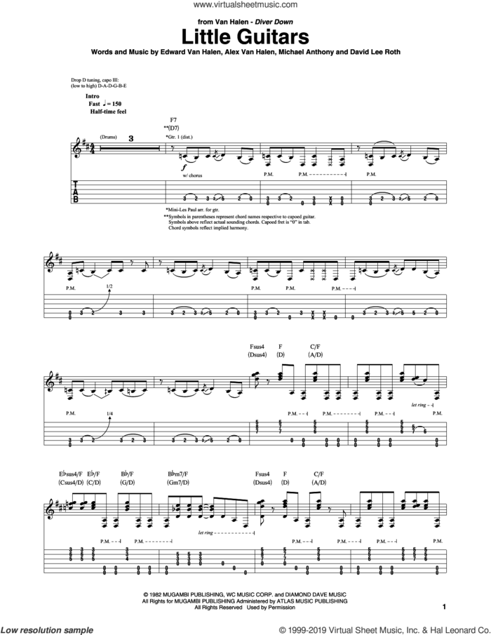 Little Guitars sheet music for guitar (tablature) by Edward Van Halen, Alex Van Halen, David Lee Roth and Michael Anthony, intermediate skill level