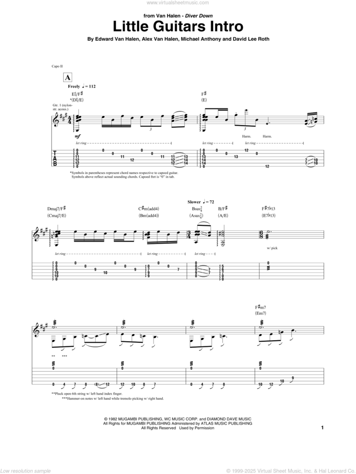 Little Guitars Intro sheet music for guitar (tablature) by Edward Van Halen, Alex Van Halen, David Lee Roth and Michael Anthony, intermediate skill level