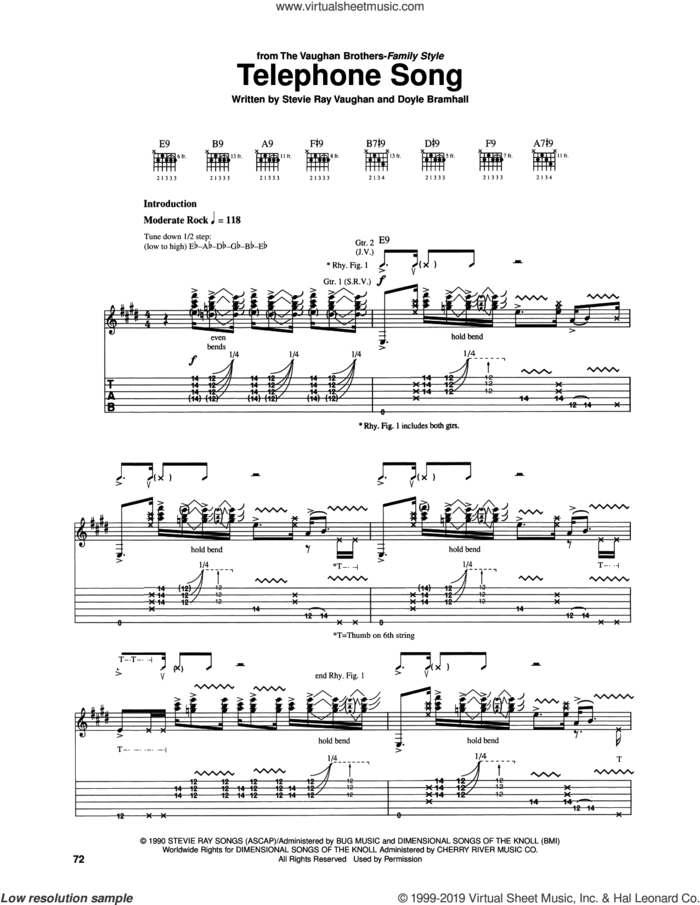 Telephone Song sheet music for guitar (tablature) by The Vaughan Brothers, Jimmy Vaughan, Doyle Bramhall and Stevie Ray Vaughan, intermediate skill level