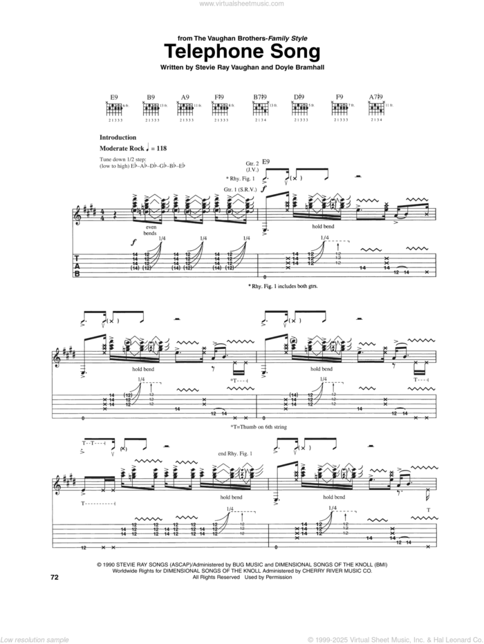 Telephone Song sheet music for guitar (tablature) by The Vaughan Brothers, Jimmy Vaughan, Doyle Bramhall and Stevie Ray Vaughan, intermediate skill level