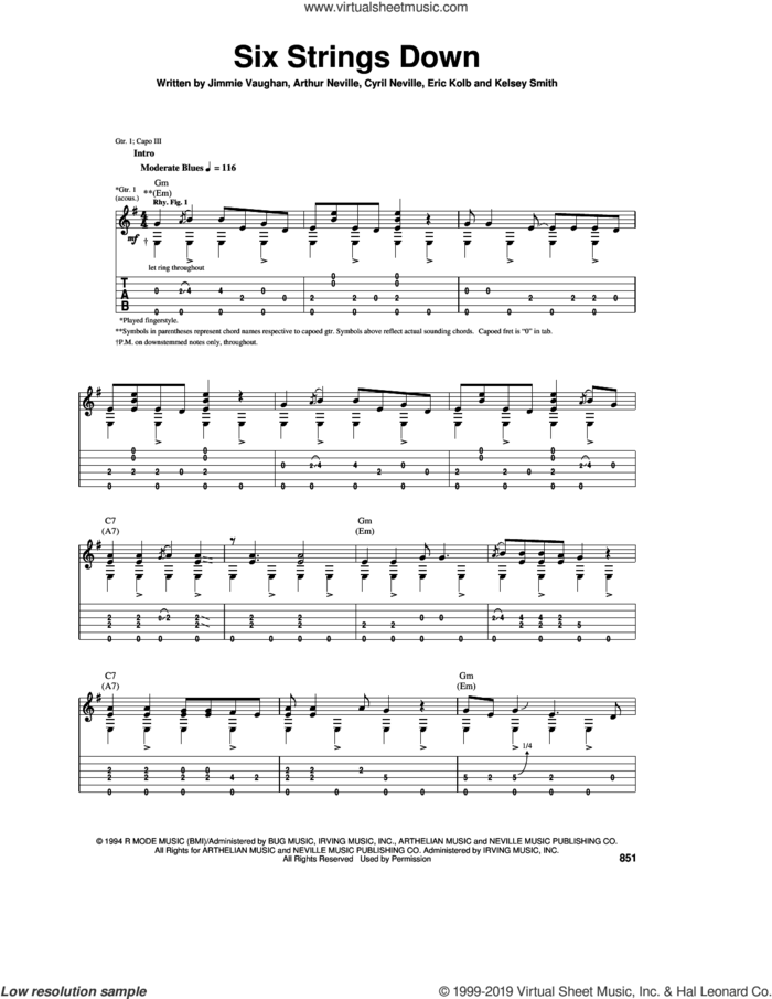 Six Strings Down sheet music for guitar (tablature) by Jimmie Vaughan, Arthur Neville, Cyril Neville, Eric Kolb and Kelsey Smith, intermediate skill level