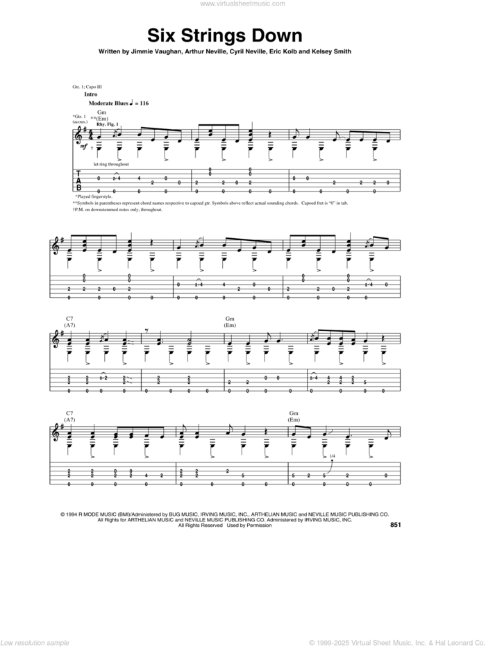 Six Strings Down sheet music for guitar (tablature) by Jimmie Vaughan, Arthur Neville, Cyril Neville, Eric Kolb and Kelsey Smith, intermediate skill level