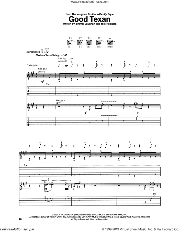 Good Texan sheet music for guitar (tablature) by The Vaughan Brothers, Stevie Ray Vaughan, Jimmie Vaughan and Nile Rodgers, intermediate skill level