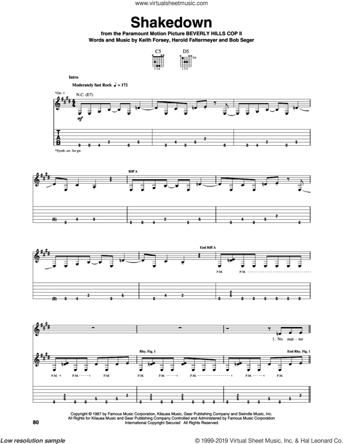 Shakedown (from Beverly Hills Cop II) sheet music for guitar (tablature) by Bob Seger, Harold Faltermeyer and Keith Forsey, intermediate skill level