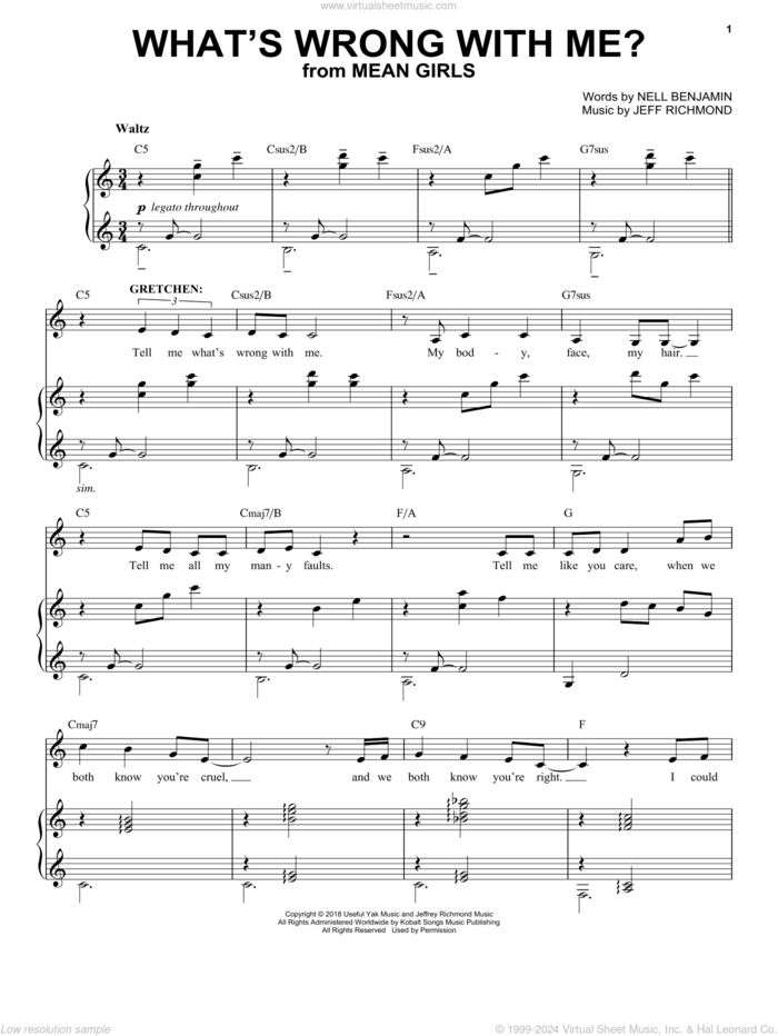 What's Wrong With Me? (from Mean Girls: The Broadway Musical) sheet music for voice and piano by Nell Benjamin, Jeff Richmond, Jeff Richmond & Nell Benjamin and Nell Benjamin and Jeff Richmond, intermediate skill level