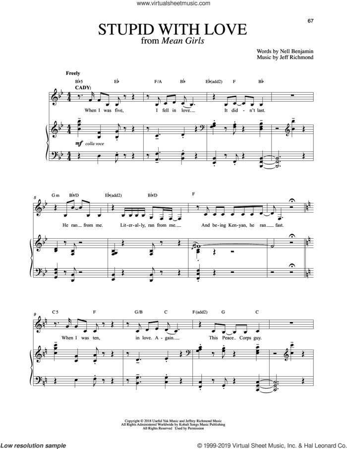 Stupid With Love (from Mean Girls: The Broadway Musical) sheet music for voice and piano by Nell Benjamin, Jeff Richmond, Jeff Richmond & Nell Benjamin and Nell Benjamin and Jeff Richmond, intermediate skill level