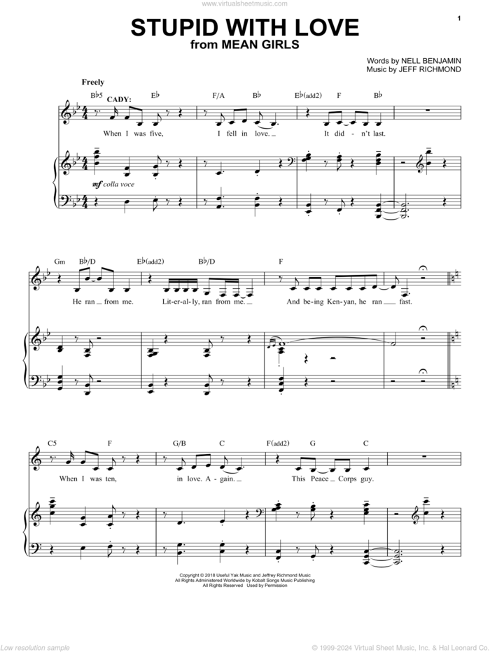 Stupid With Love (from Mean Girls: The Broadway Musical) sheet music for voice and piano by Nell Benjamin, Jeff Richmond, Jeff Richmond & Nell Benjamin and Nell Benjamin and Jeff Richmond, intermediate skill level