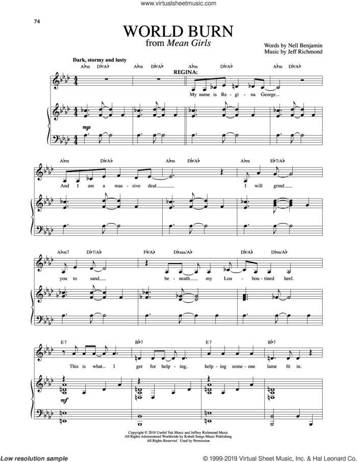 World Burn (Solo Version) (from Mean Girls: The Broadway Musical) sheet music for voice and piano by Nell Benjamin, Jeff Richmond, Jeff Richmond & Nell Benjamin and Nell Benjamin and Jeff Richmond, intermediate skill level