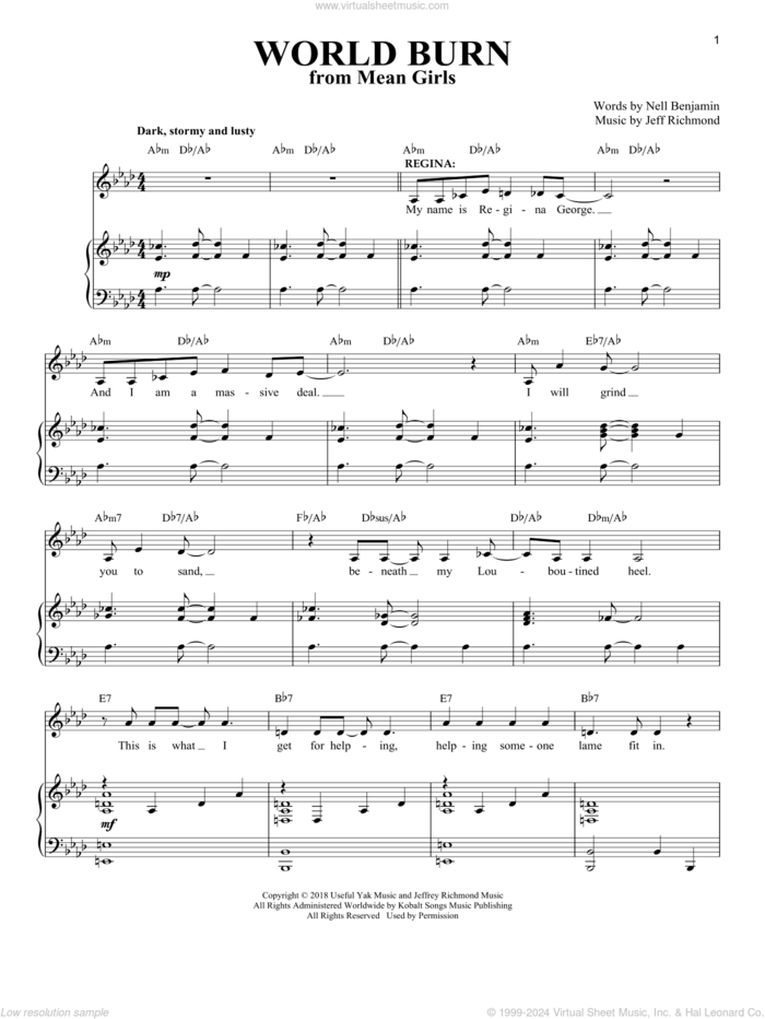 World Burn (Solo Version) (from Mean Girls: The Broadway Musical) sheet music for voice and piano by Nell Benjamin, Jeff Richmond, Jeff Richmond & Nell Benjamin and Nell Benjamin and Jeff Richmond, intermediate skill level