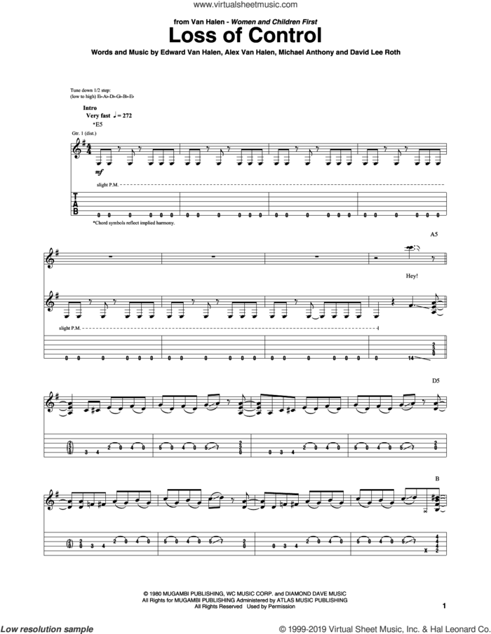 Loss Of Control sheet music for guitar (tablature) by Edward Van Halen, Alex Van Halen, David Lee Roth and Michael Anthony, intermediate skill level