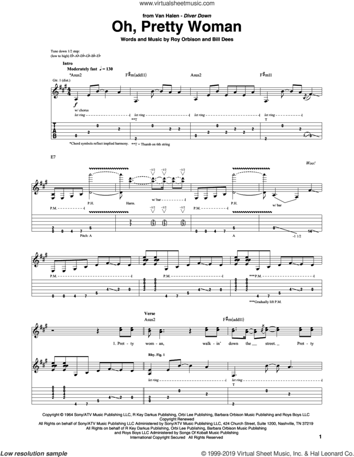 Oh, Pretty Woman sheet music for guitar (tablature) by Roy Orbison, Edward Van Halen and Bill Dees, intermediate skill level