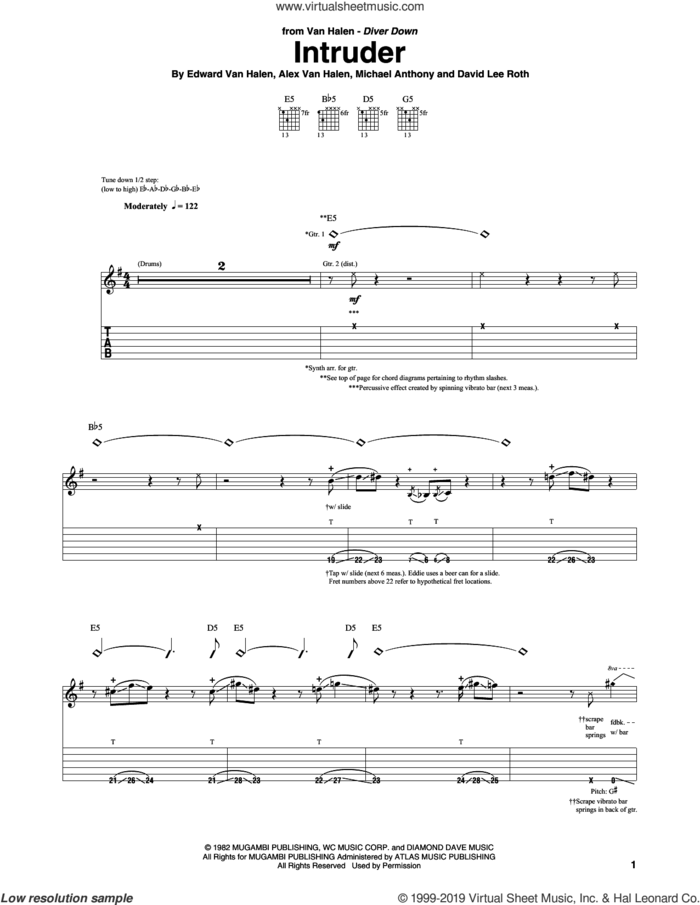 Intruder sheet music for guitar (tablature) by Edward Van Halen, Alex Van Halen, David Lee Roth and Michael Anthony, intermediate skill level