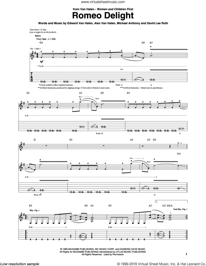 Romeo Delight sheet music for guitar (tablature) by Edward Van Halen, Alex Van Halen, David Lee Roth and Michael Anthony, intermediate skill level