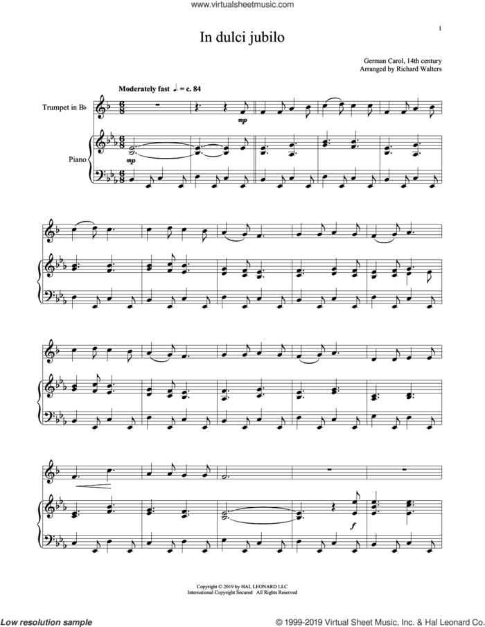 In Dulci Jubilo sheet music for trumpet and piano  and 14th Century German Melody, intermediate skill level