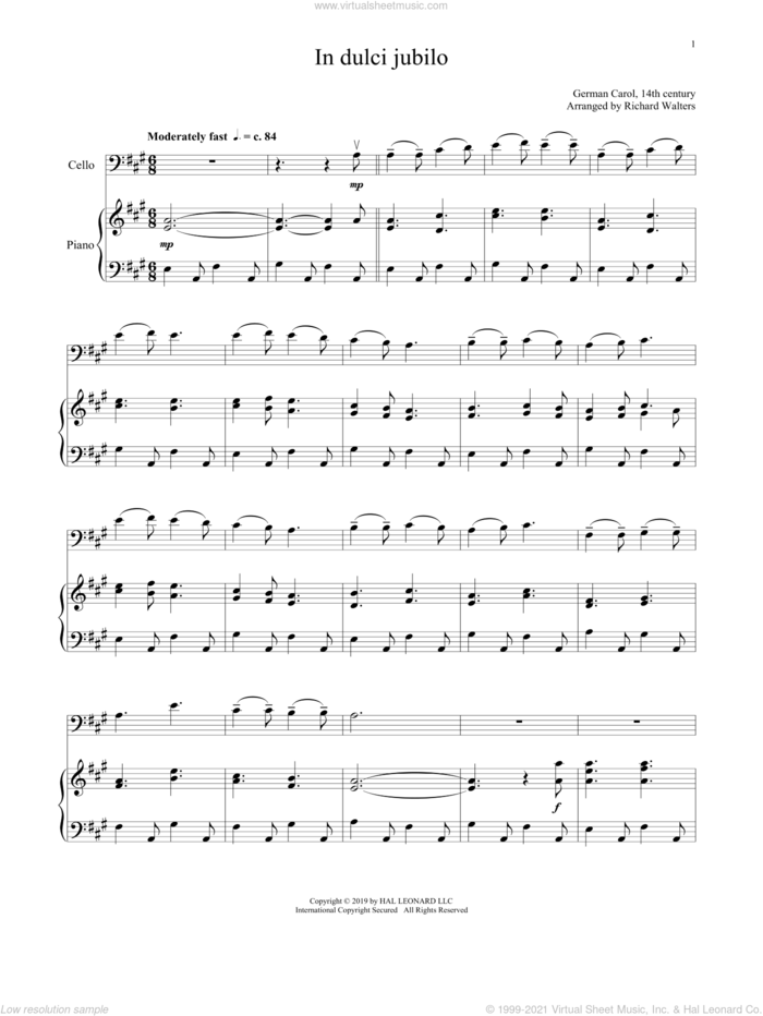 In Dulci Jubilo sheet music for cello and piano  and 14th Century German Melody, intermediate skill level