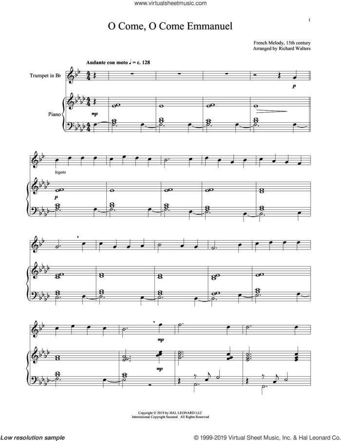 O Come, O Come, Emmanuel sheet music for trumpet and piano by John M. Neale (v. 1,2), 15th Century French Melody, Henry S. Coffin (v. 3,4), Miscellaneous and Thomas Helmore, intermediate skill level