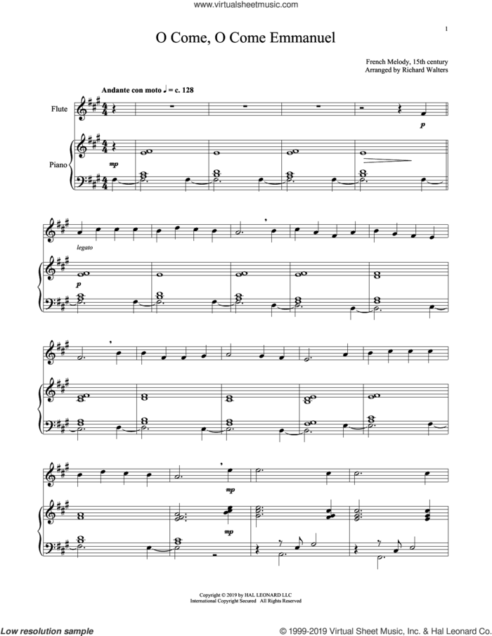 O Come, O Come, Emmanuel sheet music for flute and piano by John M. Neale (v. 1,2), 15th Century French Melody, Henry S. Coffin (v. 3,4), Miscellaneous and Thomas Helmore, intermediate skill level
