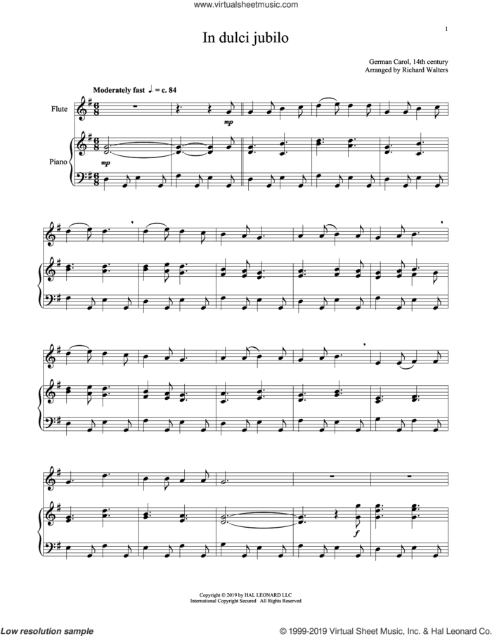In Dulci Jubilo sheet music for flute and piano  and 14th Century German Melody, intermediate skill level