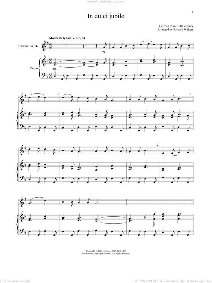 In Dulci Jubilo sheet music for clarinet and piano  and 14th Century German Melody, intermediate skill level