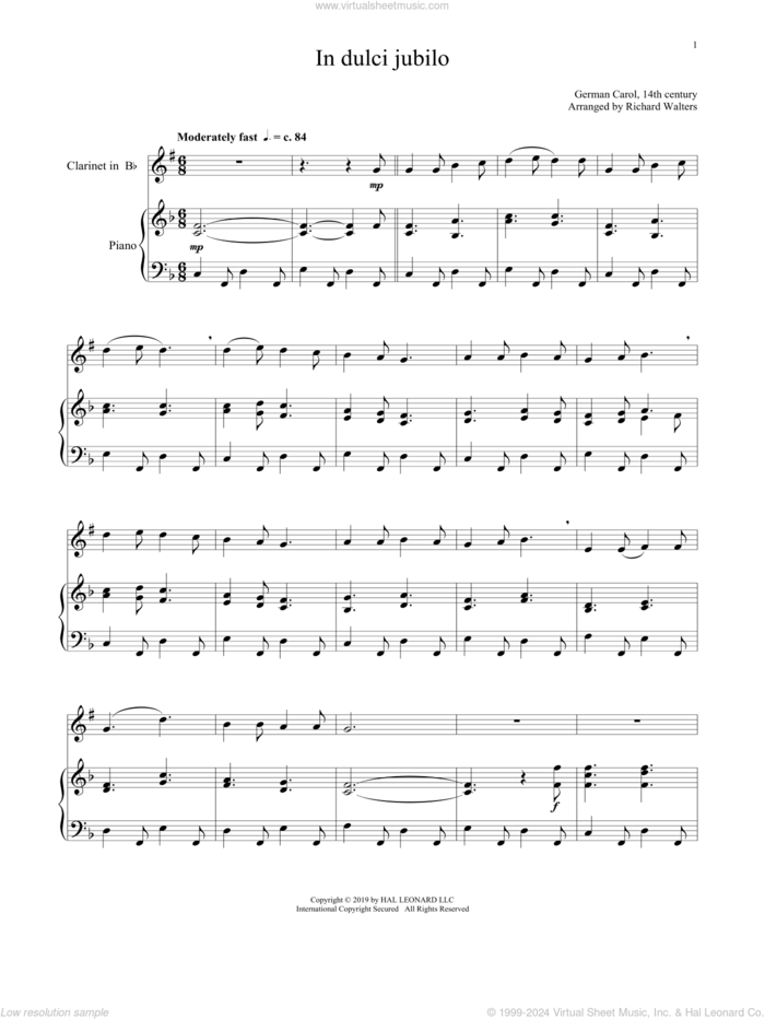 In Dulci Jubilo sheet music for clarinet and piano  and 14th Century German Melody, intermediate skill level