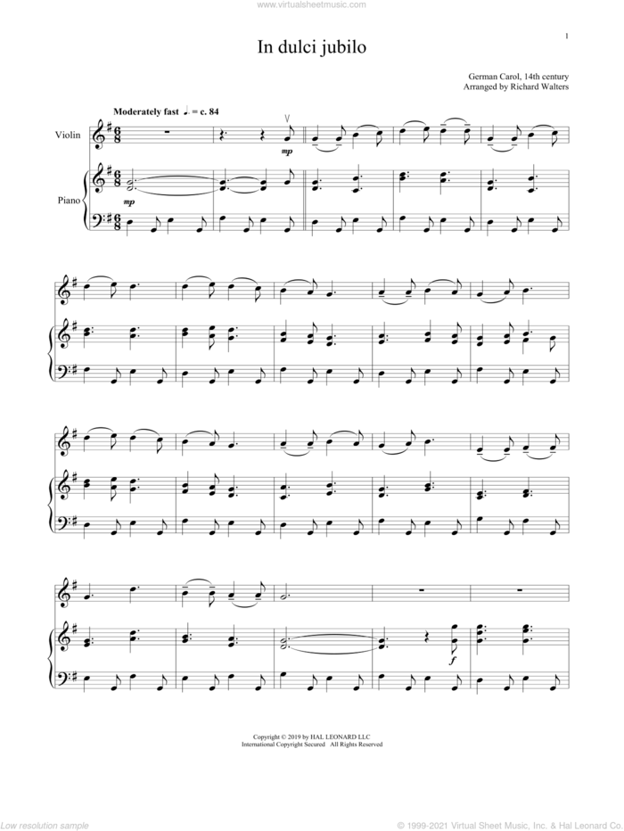 In Dulci Jubilo sheet music for violin and piano  and 14th Century German Melody, intermediate skill level
