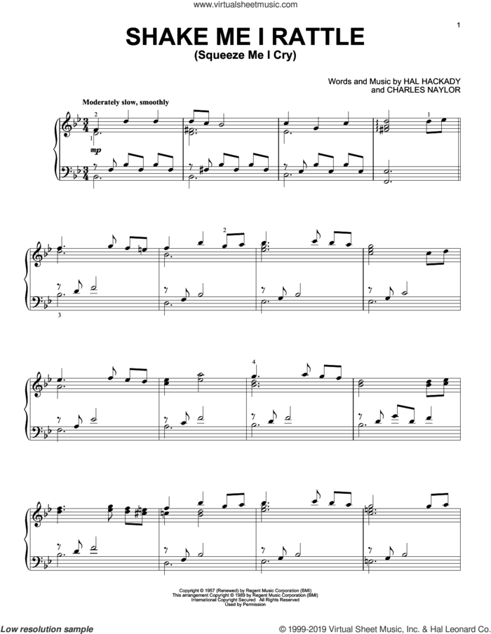 Shake Me I Rattle (Squeeze Me I Cry) sheet music for piano solo by Charles Naylor and Hal Clayton Hackady, intermediate skill level