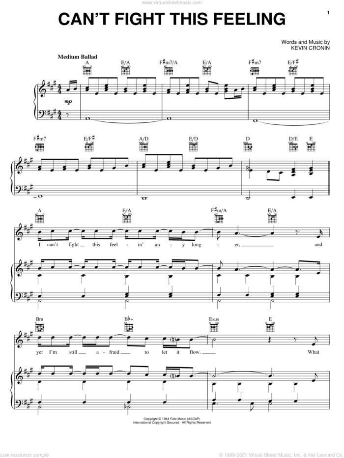Can't Fight This Feeling sheet music for voice, piano or guitar by REO Speedwagon, Rock Of Ages (Musical) and Kevin Cronin, intermediate skill level