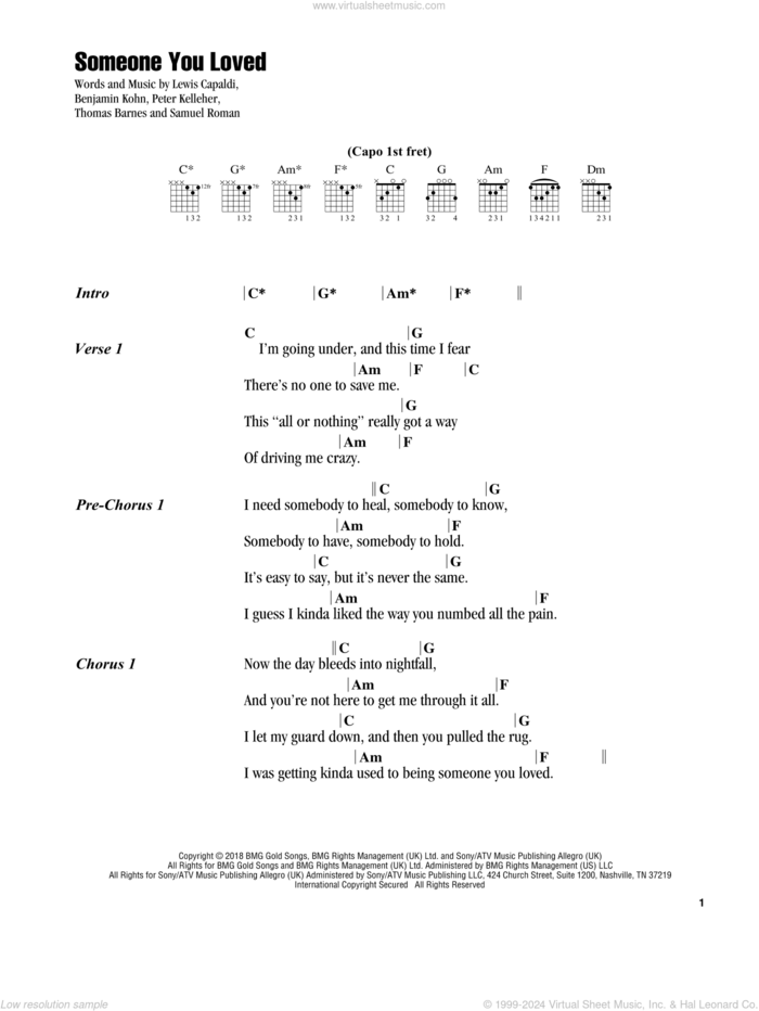 Someone You Loved sheet music for guitar (chords) by Lewis Capaldi, Benjamin Kohn, Peter Kelleher, Samuel Roman and Thomas Barnes, intermediate skill level