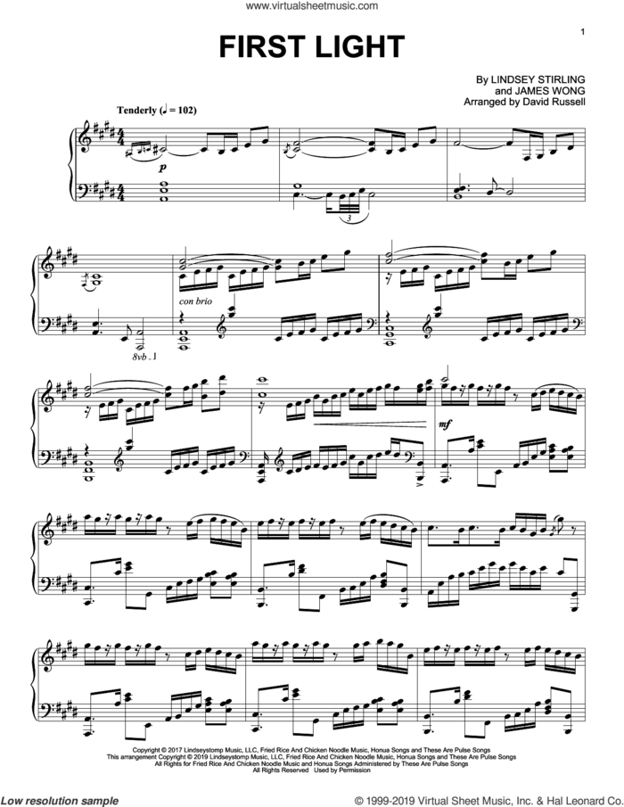 First Light (arr. David Russell), (intermediate) sheet music for piano solo by Lindsey Stirling, David Russell and James Wong, intermediate skill level