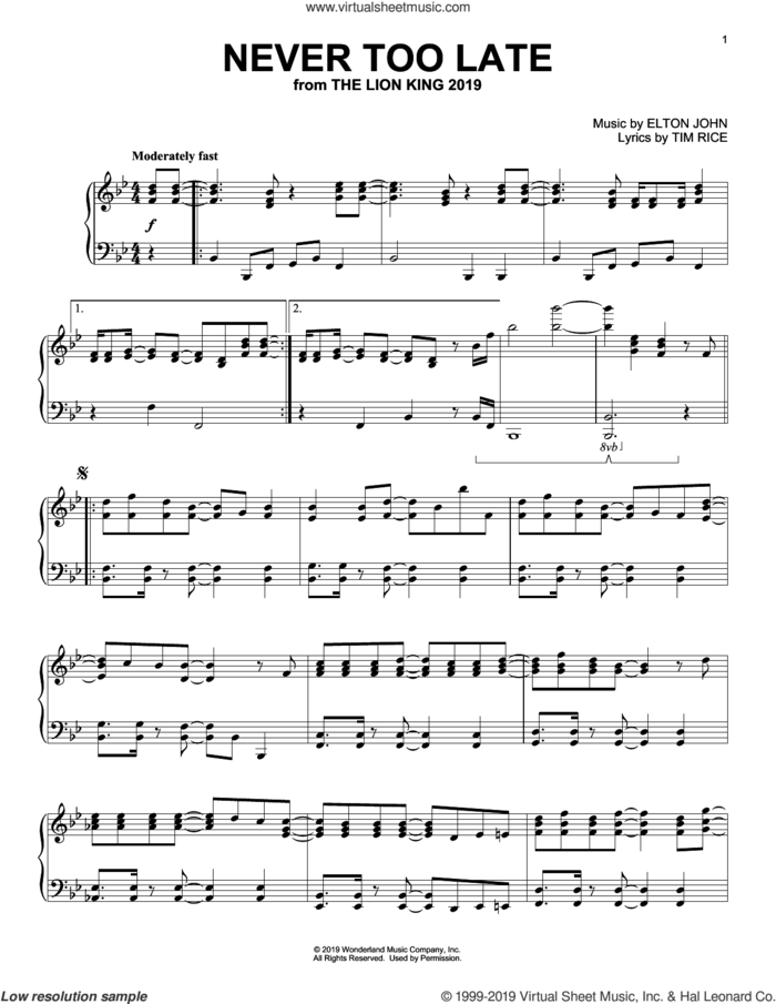 Never Too Late (from The Lion King 2019) sheet music for piano solo by Elton John, Hans Zimmer and Tim Rice, intermediate skill level