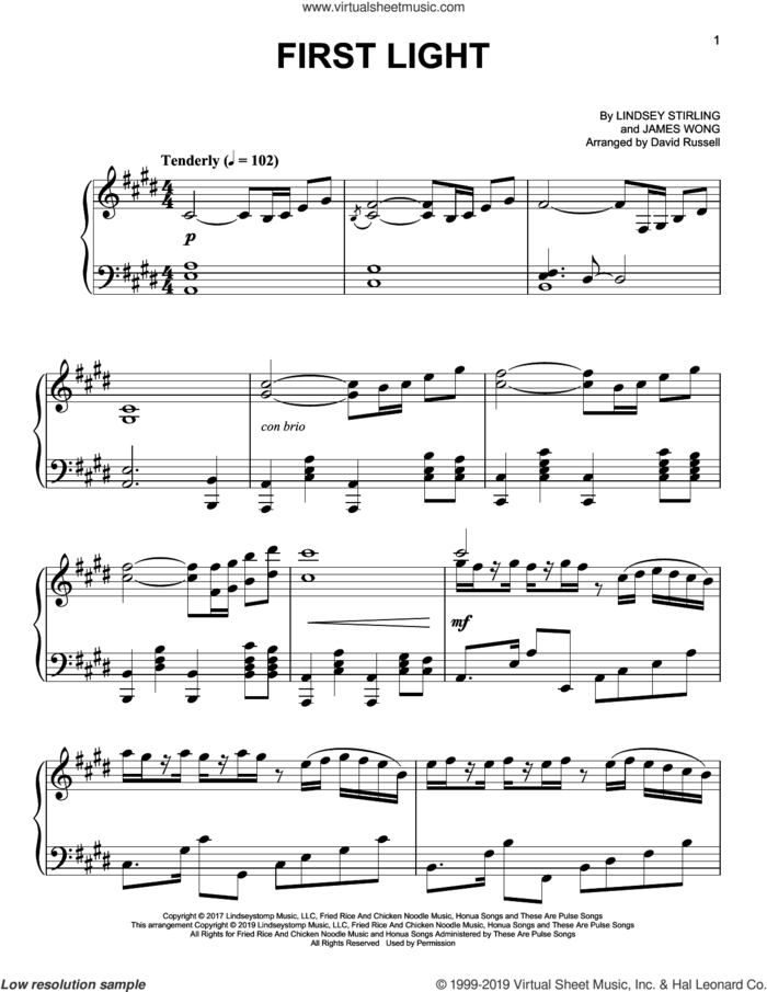First Light (arr. David Russell), (easy) sheet music for piano solo by Lindsey Stirling, David Russell and James Wong, easy skill level