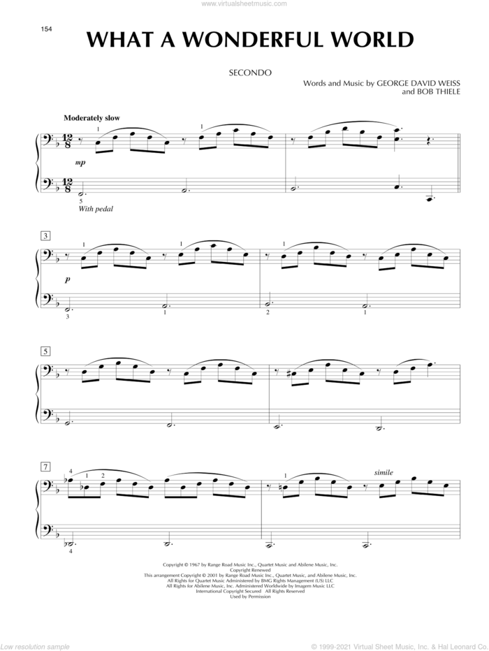 What A Wonderful World sheet music for piano four hands by Louis Armstrong, Bob Thiele and George David Weiss, intermediate skill level