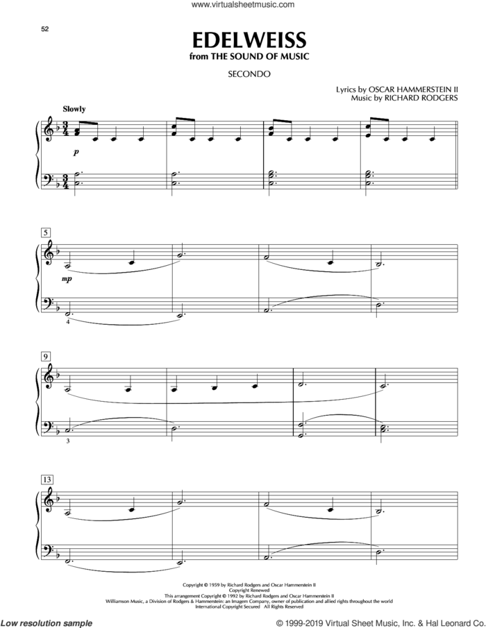 Edelweiss (from The Sound Of Music) sheet music for piano four hands by Richard Rodgers, Oscar II Hammerstein and Rodgers & Hammerstein, intermediate skill level