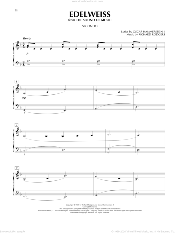 Edelweiss (from The Sound Of Music) sheet music for piano four hands by Richard Rodgers, Oscar II Hammerstein and Rodgers & Hammerstein, intermediate skill level