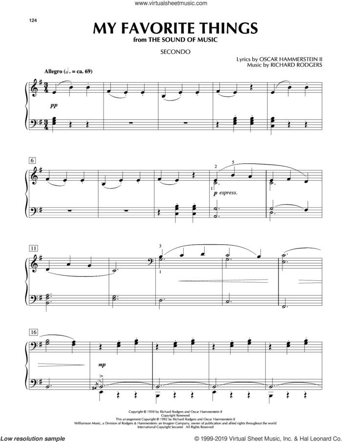 My Favorite Things (from The Sound Of Music) sheet music for piano four hands by Richard Rodgers, Oscar II Hammerstein and Rodgers & Hammerstein, intermediate skill level