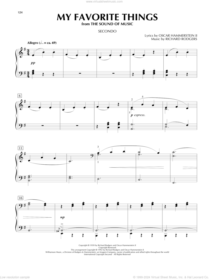 My Favorite Things (from The Sound Of Music) sheet music for piano four hands by Richard Rodgers, Oscar II Hammerstein and Rodgers & Hammerstein, intermediate skill level