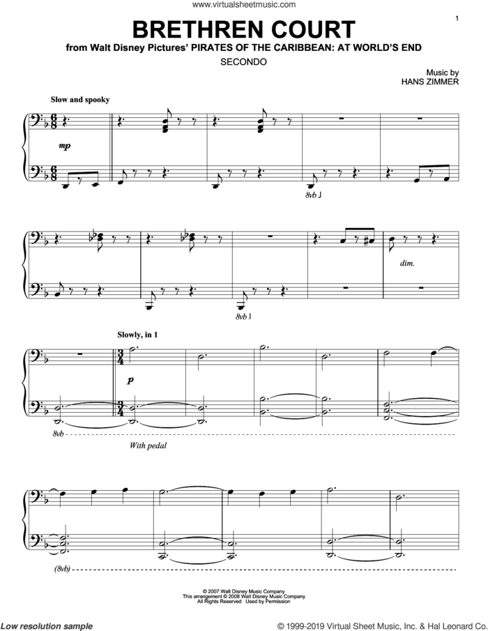Brethren Court (from Pirates Of The Caribbean: At World's End) (arr. Carol Klose) sheet music for piano four hands by Hans Zimmer and Carol Klose, intermediate skill level