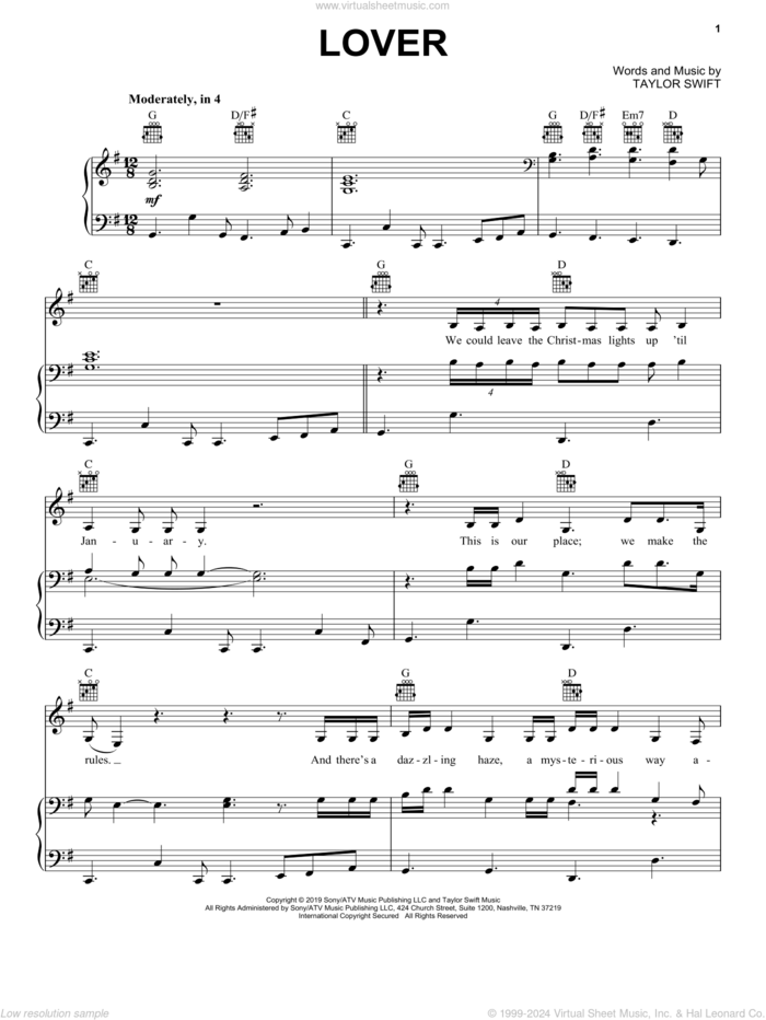 Lover sheet music for voice, piano or guitar by Taylor Swift, intermediate skill level